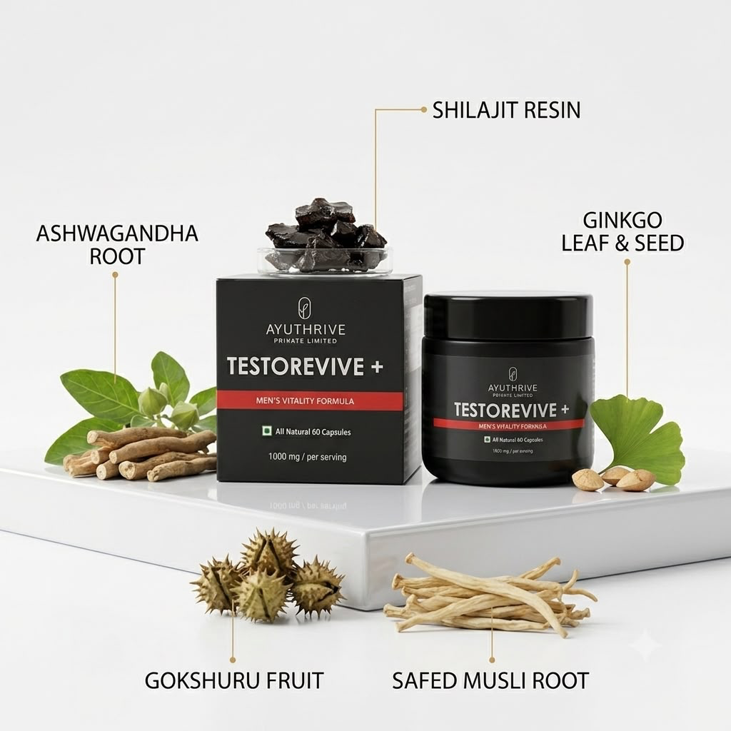Ayuthrive TestoRevive + men's vitality formula with ashwagandha root, shilajit resin, ginkgo, gokshuru and safed musli
