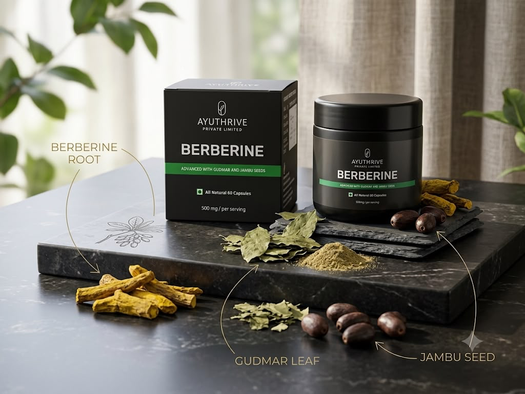 Ayuthrive Berberine jar and carton styled with botanical ingredients on a dark stone surface